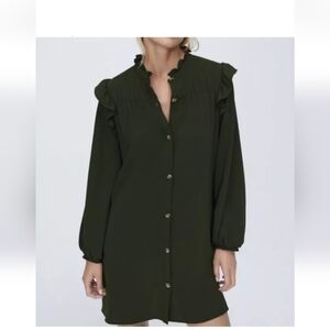 Zara Womens Oversized Xs Dark Green Ruffled Button-Up Dress